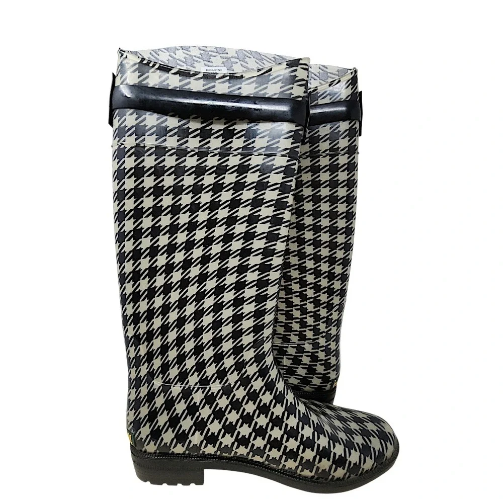 Lauren Ralph Lauren Rain Boots 10 Wom Rossalyn II Black Houndstooth Buckle Tall